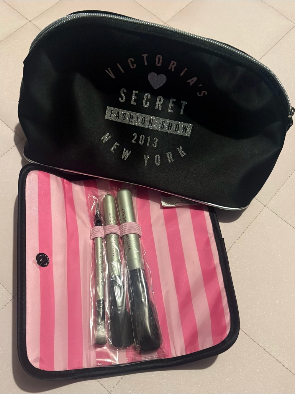 Victoria's Secret Black Cosmetic Pouch with Pink Striped Interior & Brush Trio